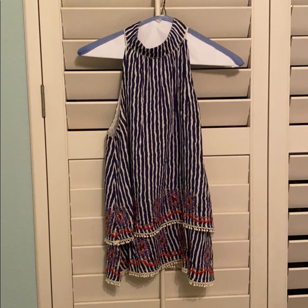 Halter blue and white striped top with embroidery